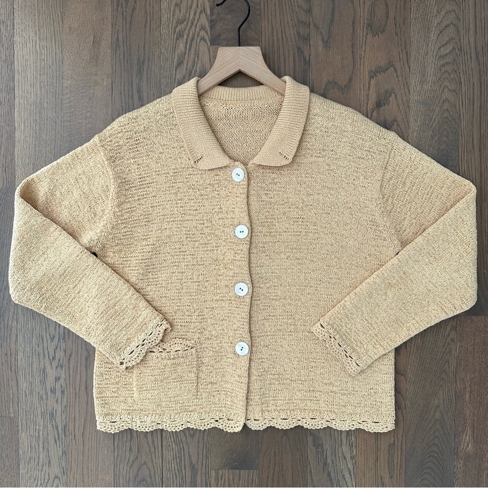 St. John Knit Button Front Cardigan Sweater with Crochet Trim in Yellow Medium